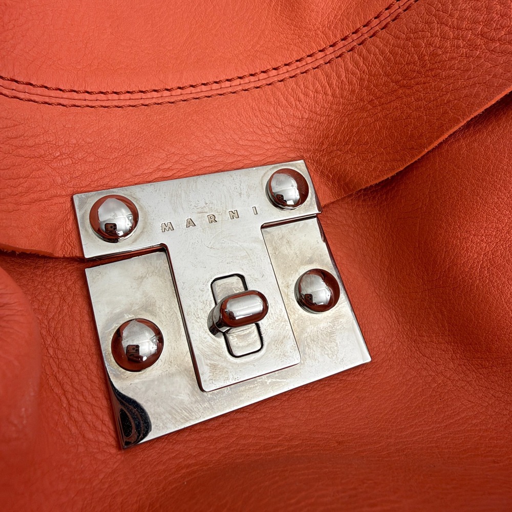 Marni Leather Hobo Bag Orange Purse Top Handle Flap Lock Large Ruffle Italy FLAW - Picture 2 of 16